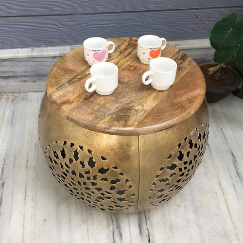 Golden Handcrafted Jali Cut Indoor Metal Furniture Set of 5