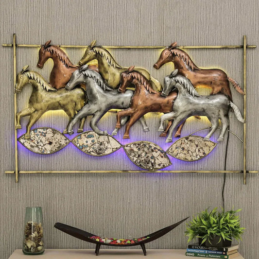Metal Seven Running Horse Frame With LED