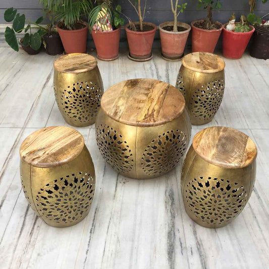 Golden Handcrafted Jali Cut Indoor Metal Furniture Set of 5